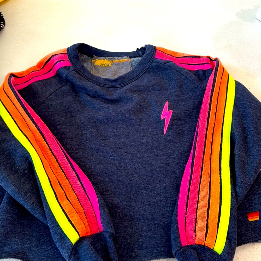 Women’s Aviator Nation Striped Cropped Sweatshirt Heather Navy/Neon Stripe S